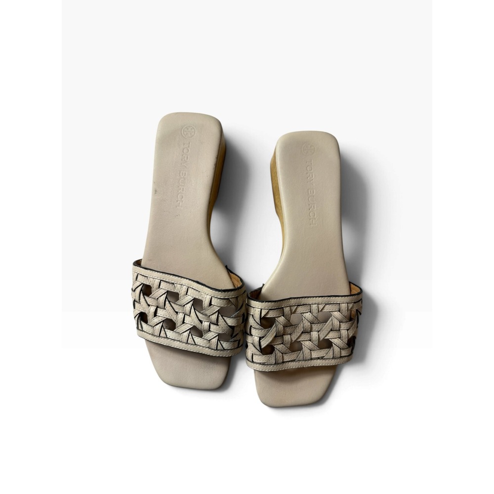 Tory Burch Woven Leather Wooden Platform Slide Sandals Cream Square Toe Sz 9